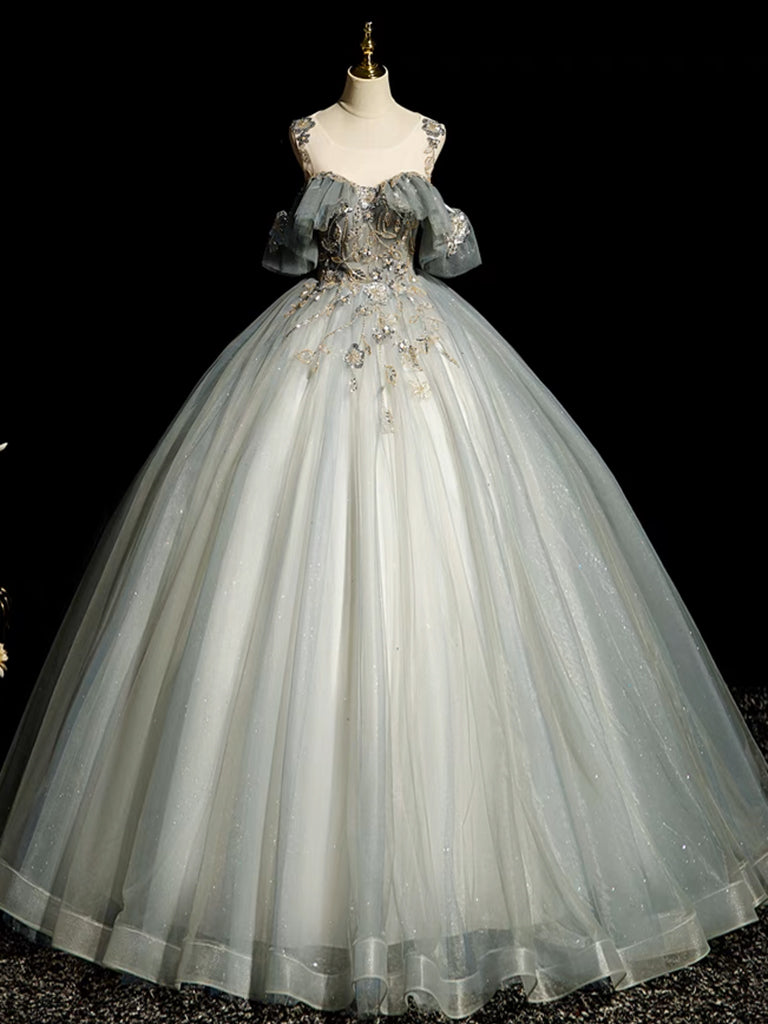 A-Line Round Neck Tulle Gray Blue Prom Dress