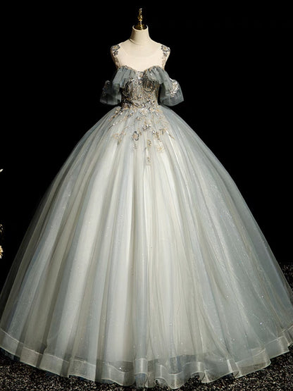 A-Line Round Neck Tulle Gray Blue Prom Dress