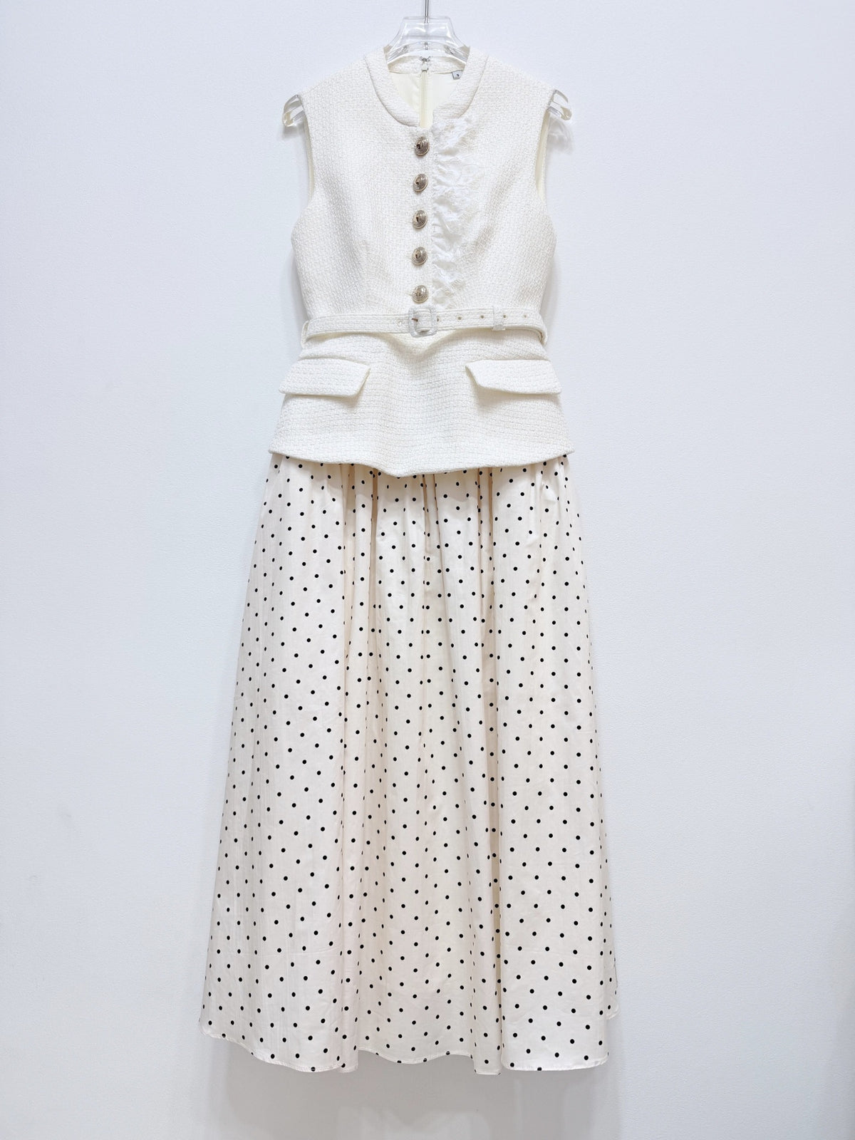Sleeveless Textured Vest & Polka‑Dot Pleated Midi Skirt Two‑Piece Set