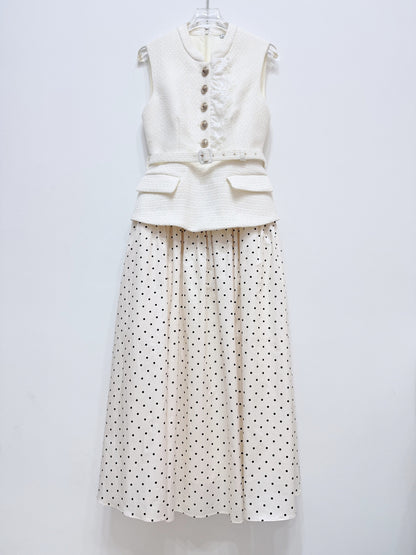 Sleeveless Textured Vest & Polka‑Dot Pleated Midi Skirt Two‑Piece Set
