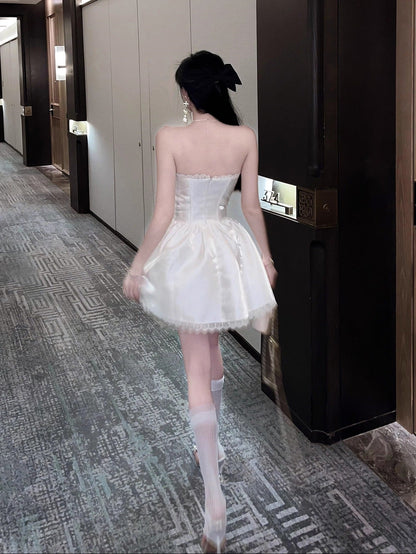 adele White Sweetheart A-line Strapless Satin mini Dress