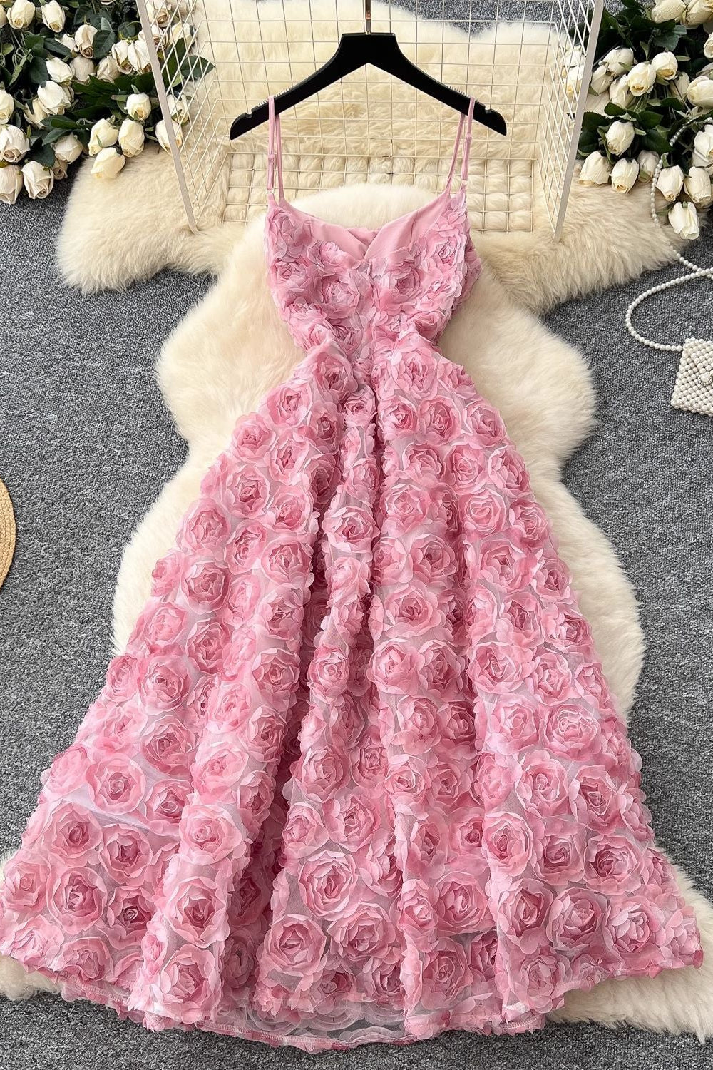 Pink 3D Rosette Textured Mesh A-Line Midi Dress