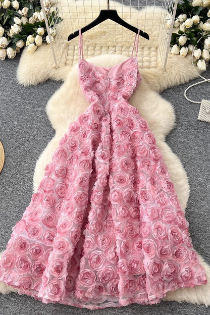 Pink 3D Rosette Textured Mesh A-Line Midi Dress