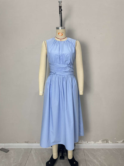 Light Blue Sleeveless Round Neck Twisted Waist Midi Dress Side Pocket Flowy Summer Dress