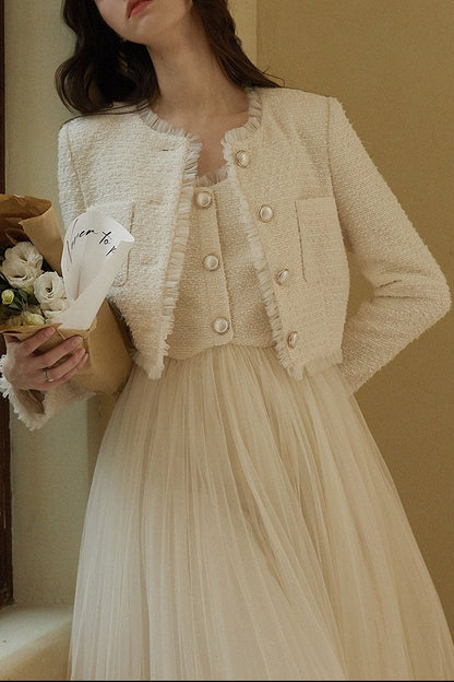 Soft Cream Textured Tweed Cropped Blazer with Ruffle Trim and Pearl Buttons