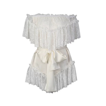 Off Shoulder Ruffled Lace Satin Bow Two Piece Short Set