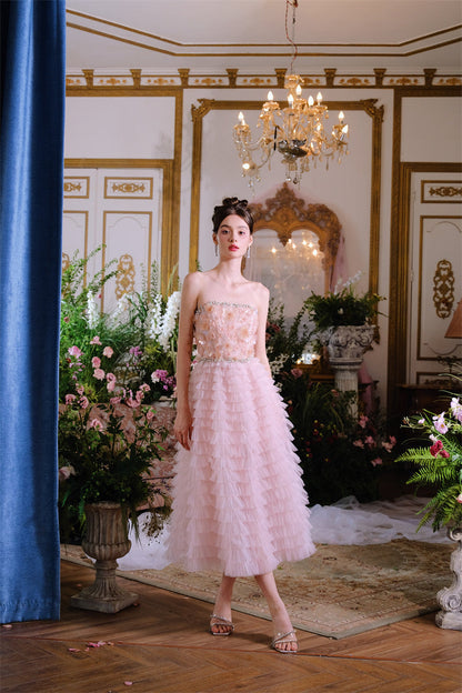 Pink Princess layer ruffle midi floral Embroidery strapless Dress