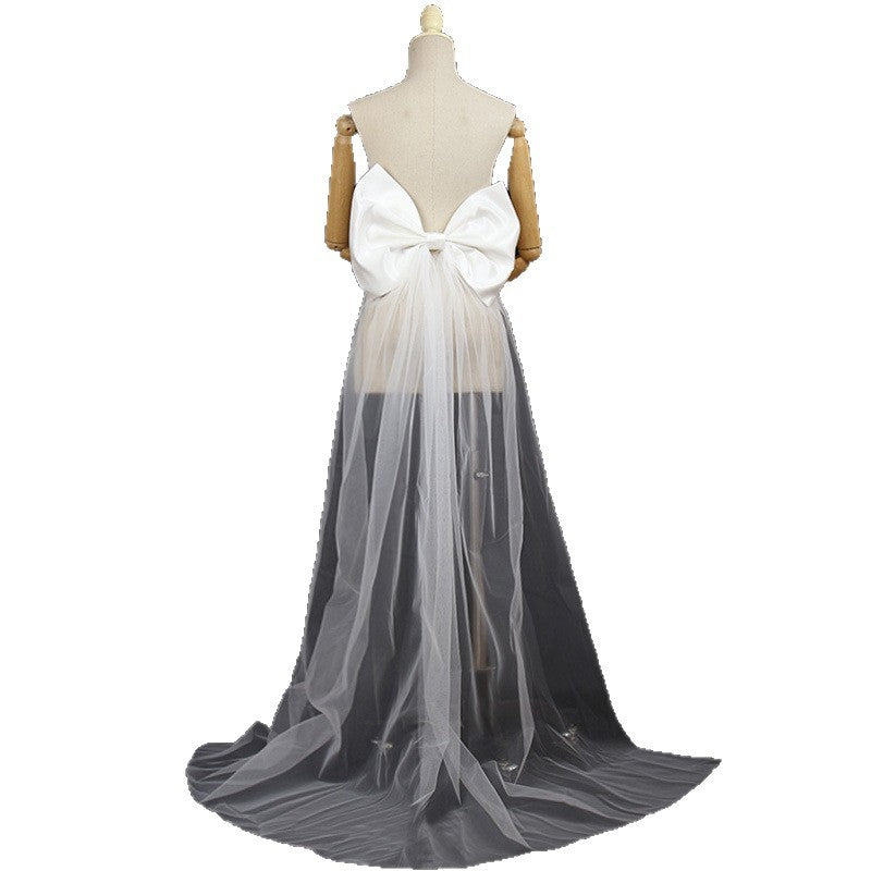 Oversized White Satin Giant Back Bow with Long Sheer Tulle Train Sash