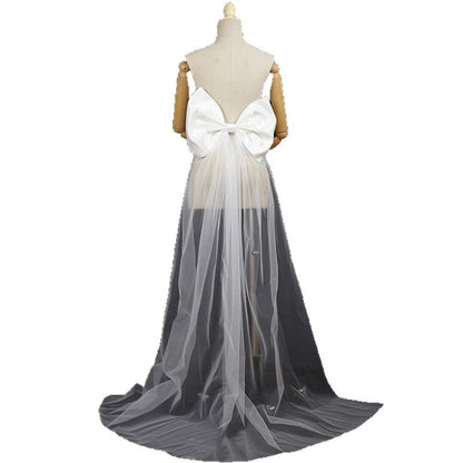 Oversized White Satin Giant Back Bow with Long Sheer Tulle Train Sash