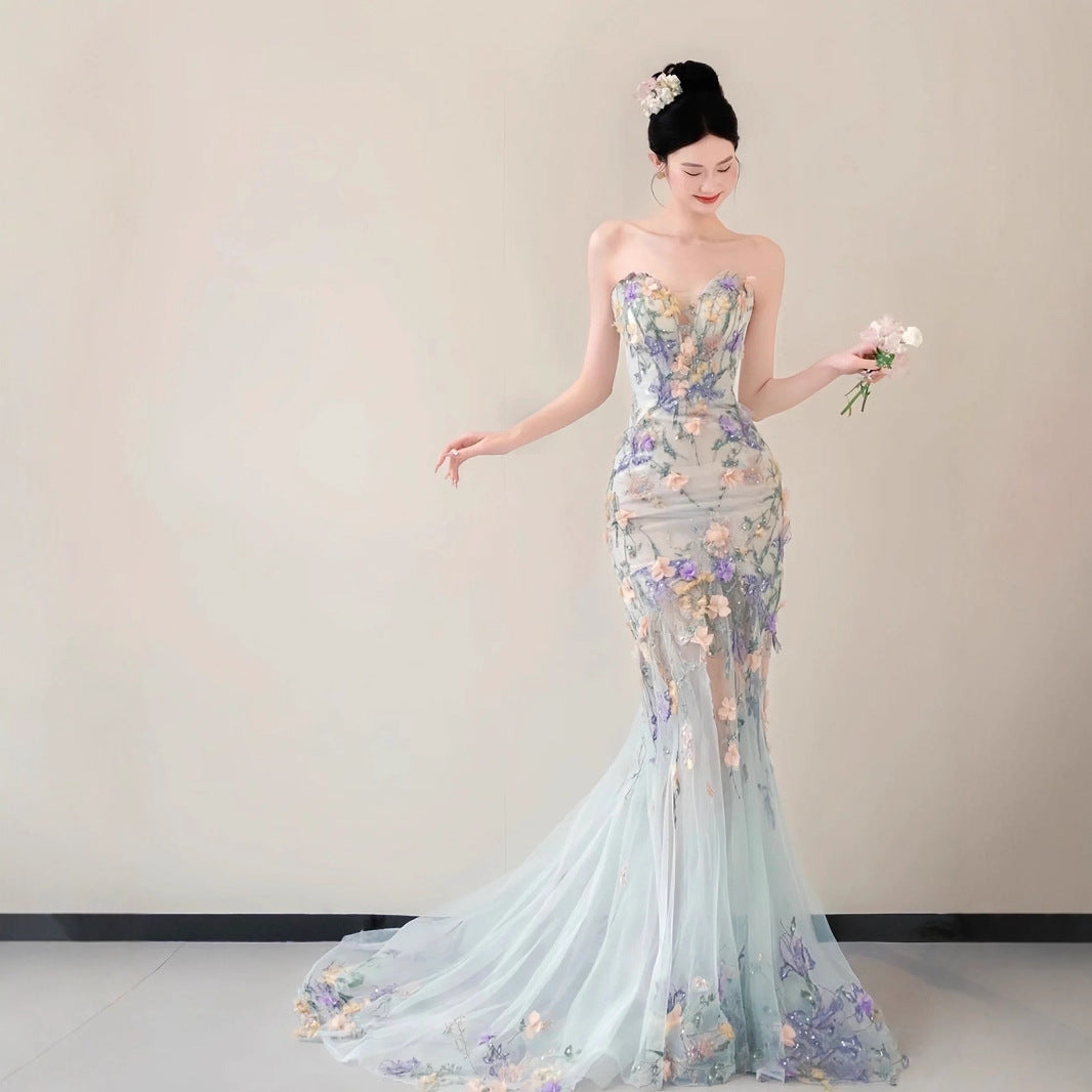 Strapless Pastel 3D Floral Tulle Mermaid Gown With Train