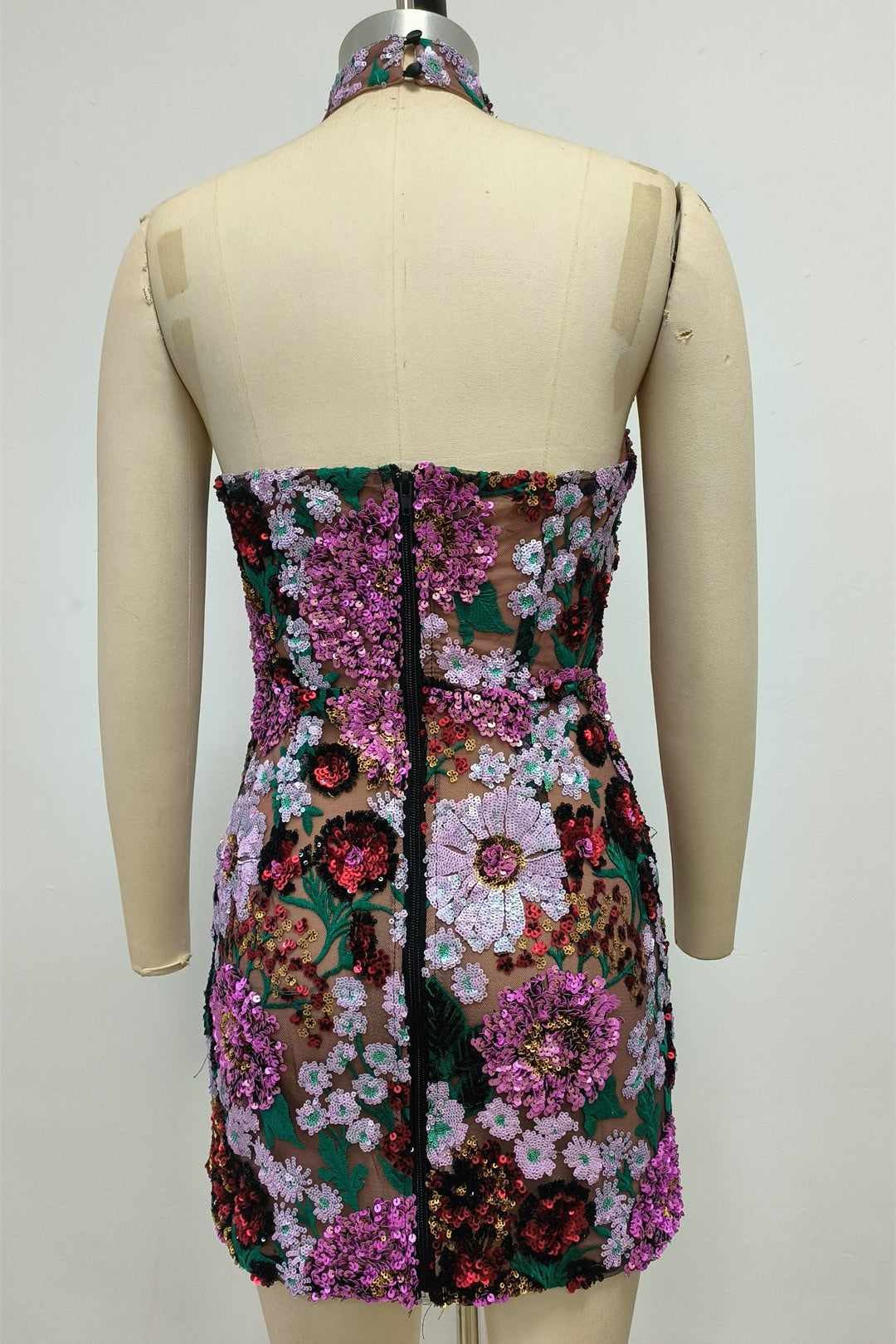 Violet open-back embroidered mini dress