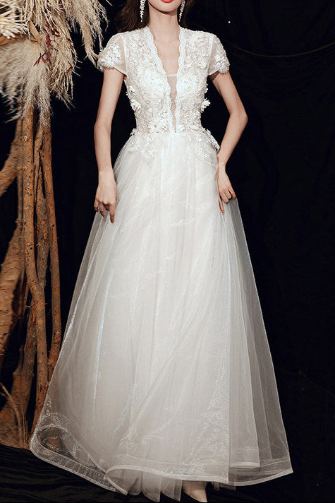 3D Floral Lace Short Sleeve Tulle Floor-Length Evening Gown