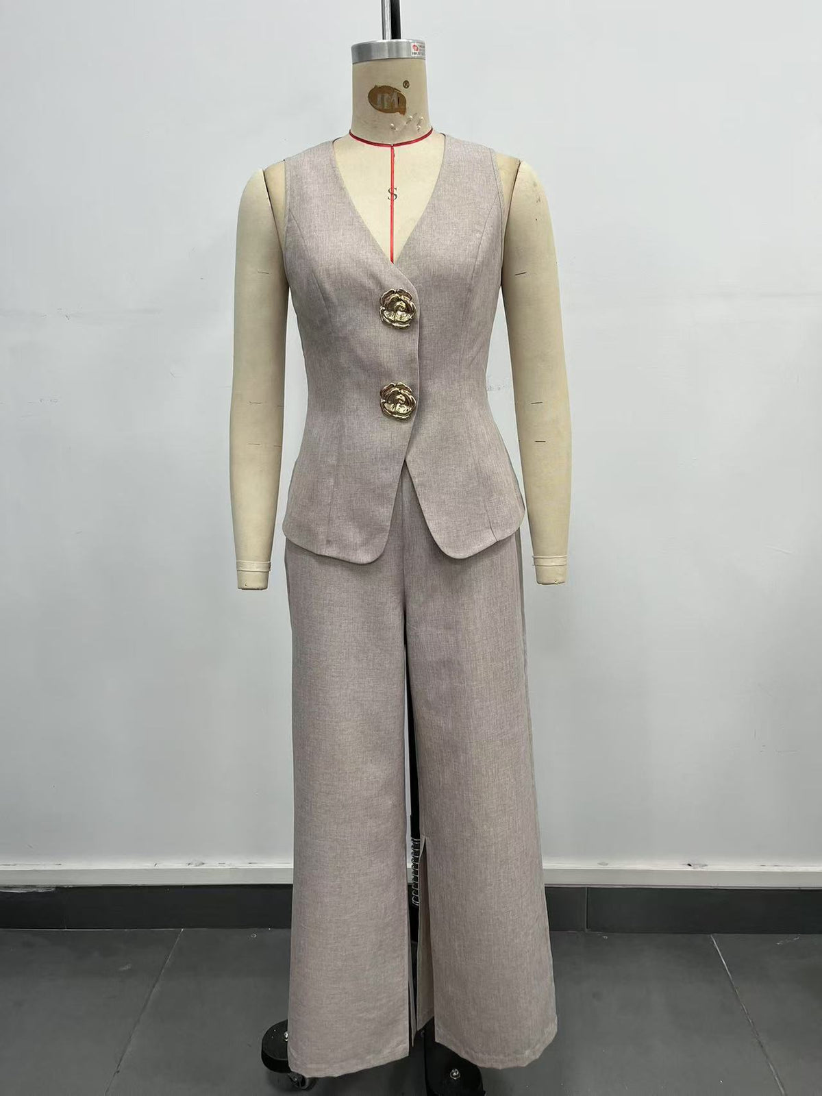 Khaki High Waist Front Slit Wide Leg Suit Pants Textured Linen Blend Office Trousers
