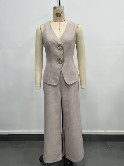 Khaki High Waist Front Slit Wide Leg Suit Pants Textured Linen Blend Office Trousers