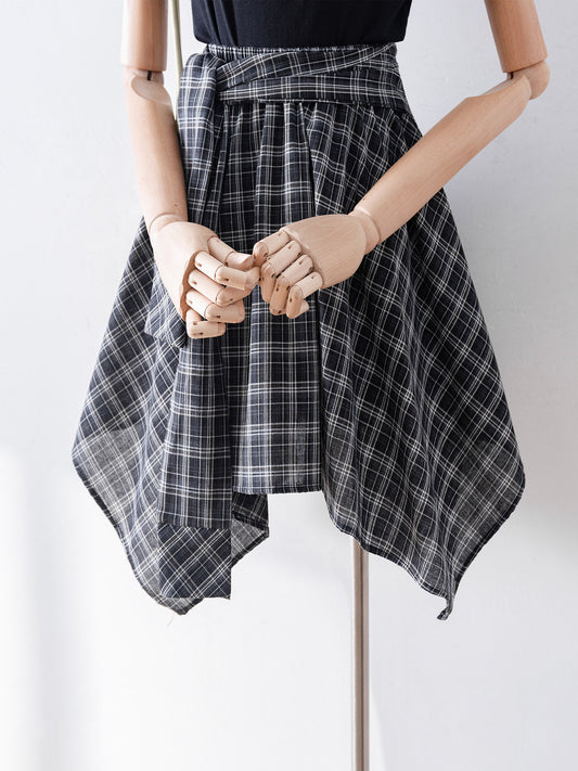 Black White Plaid Wrap Tie Asymmetrical Hanky Hem Skirt