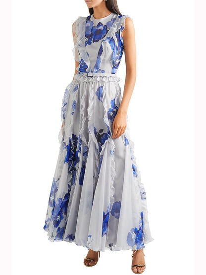 blue printed crew neck lantern sleeves flowing ruffles dress