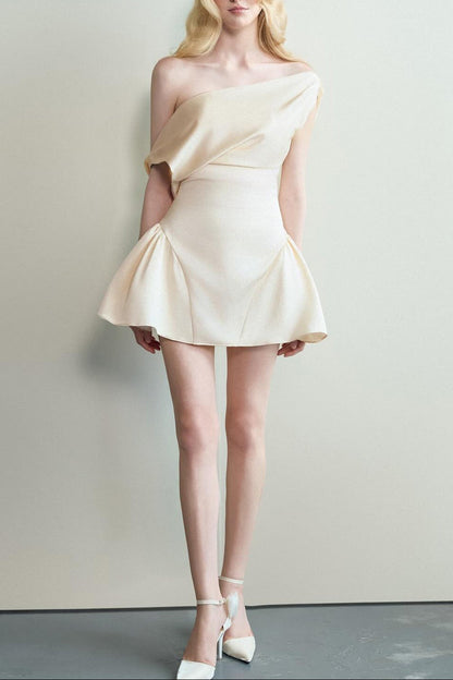 tina satin ruched mini dress in cream white