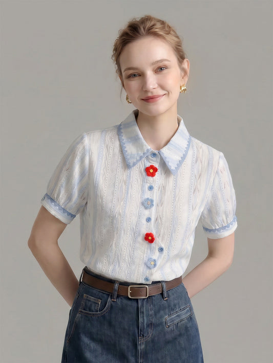 Lace Trim Striped Eyelet Shirt With 3D Floral Buttons
