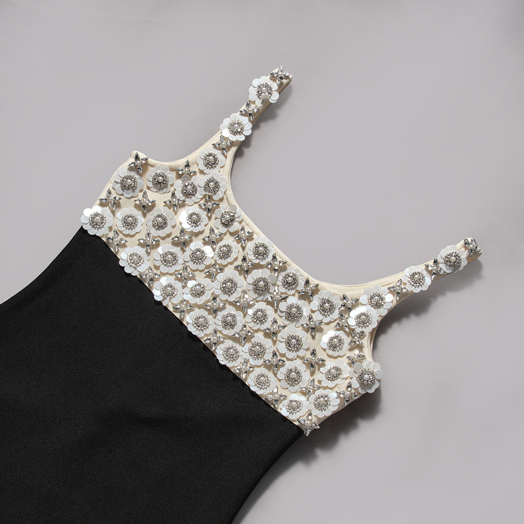roberta Pearl Flower Rhinestone maxi dress in black