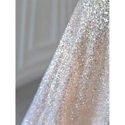silver sequined tulle a-line gown