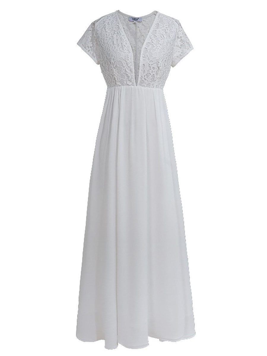 White V-neck openwork lace maxi dress