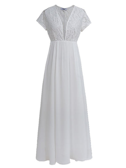White V-neck openwork lace maxi dress
