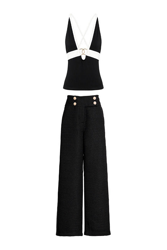 Black & White Halter Top with High-Waisted Wide-Leg Pants