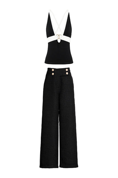 Black & White Halter Top with High-Waisted Wide-Leg Pants