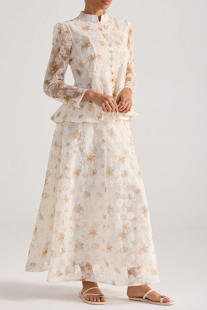 rebecca yellow Floral embroidered long-sleeve top skirt set