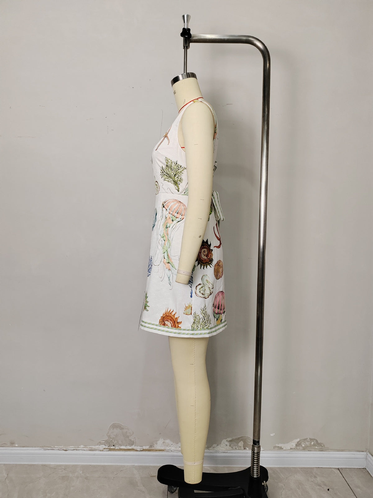 White Marine Life Print Square Wide Strap Sleeveless Mini Dress