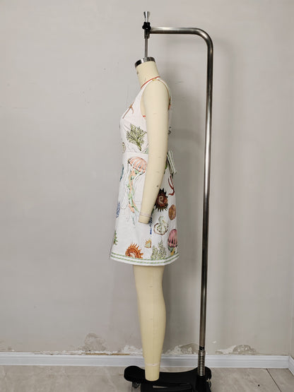 White Marine Life Print Square Wide Strap Sleeveless Mini Dress