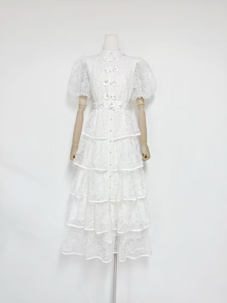 elvira appliqué Lace layer maxi dress in white