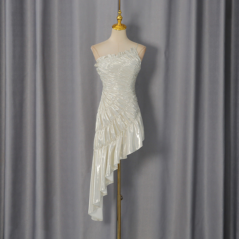 Champagne Gold Metallic Ruched Asymmetrical Dress