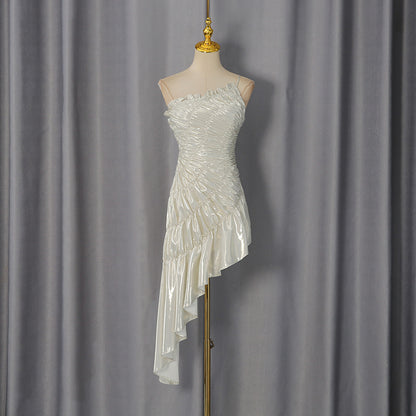 Champagne Gold Metallic Ruched Asymmetrical Dress