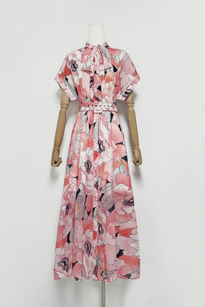 floral print silk organza maxi dress in pink-multi