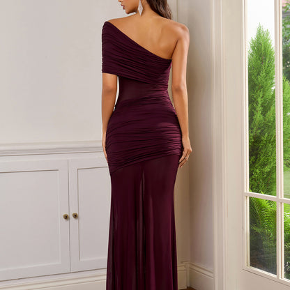 One Shoulder Sheer Mesh Ruched Maxi Dress