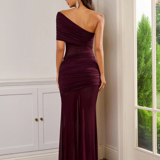 One Shoulder Sheer Mesh Ruched Maxi Dress