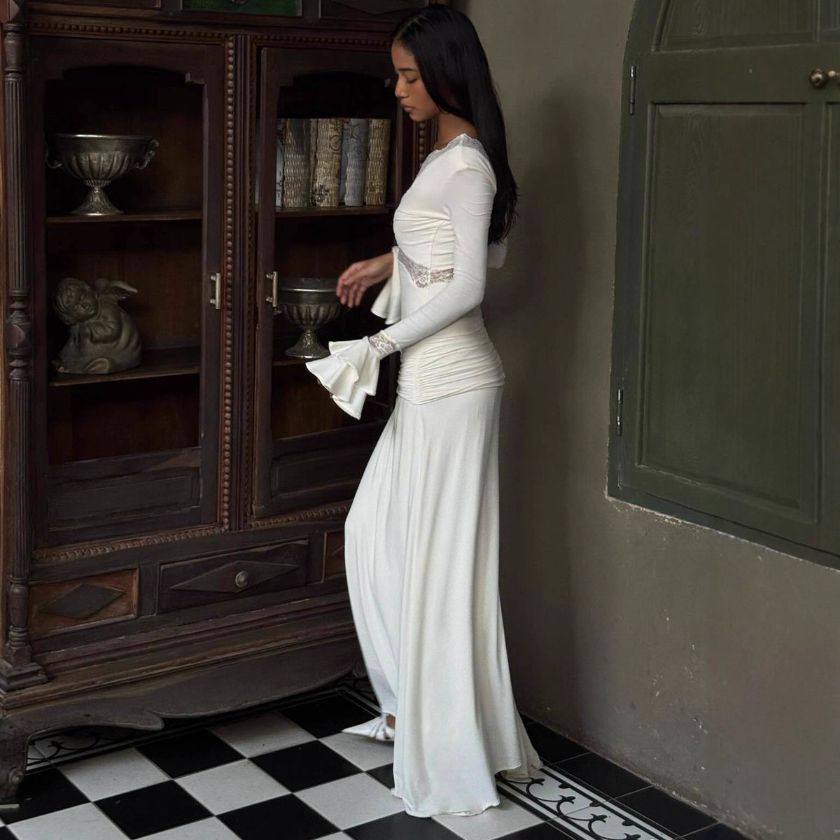 Lace Trim Flare Sleeve Draped Maxi Dress