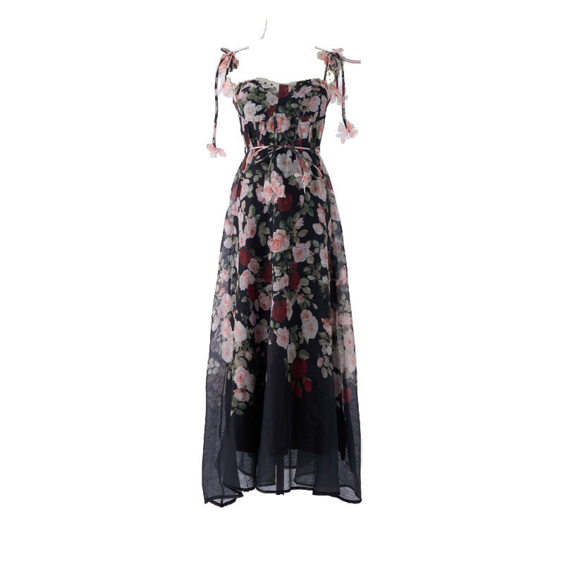 Pastel Floral Print Spaghetti Strap Midi Dress with 3D Flower Appliqués