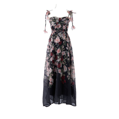 Pastel Floral Print Spaghetti Strap Midi Dress with 3D Flower Appliqués