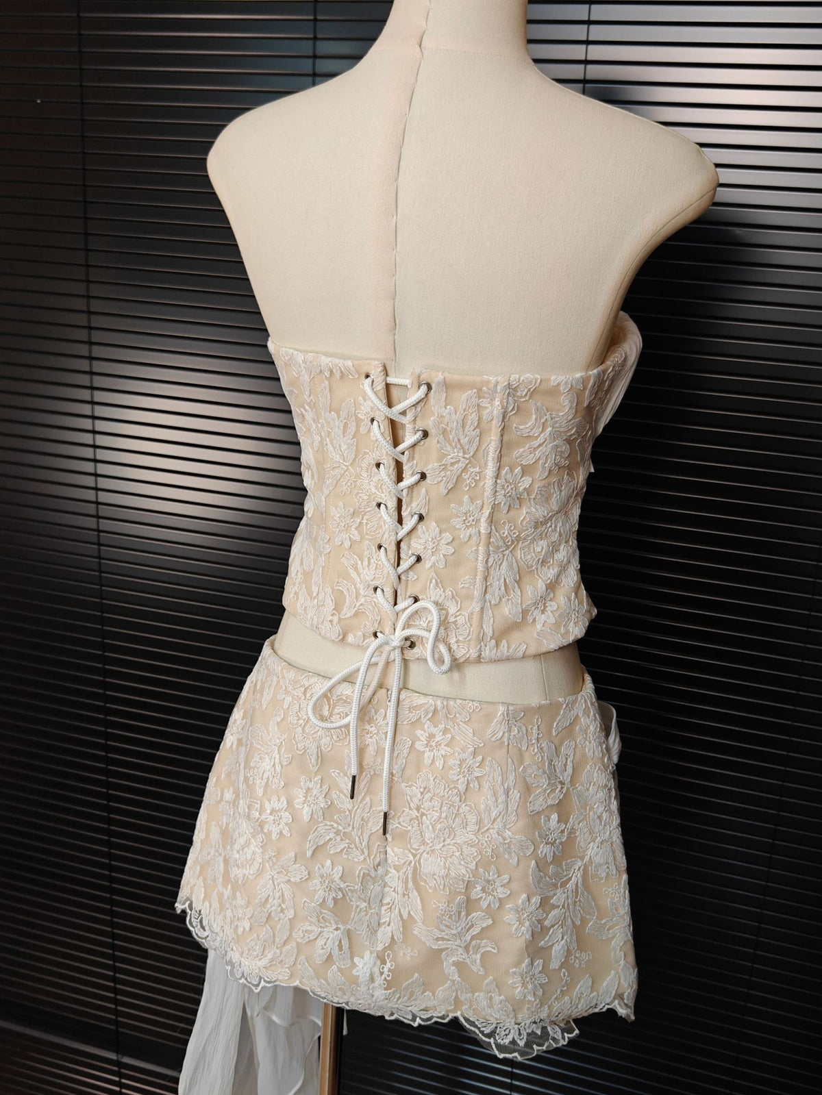 white Herringbone tube top floral ruffle mini dress suit