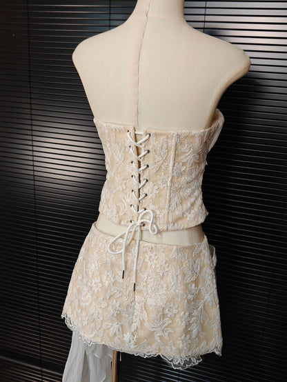 white Herringbone tube top floral ruffle mini dress suit