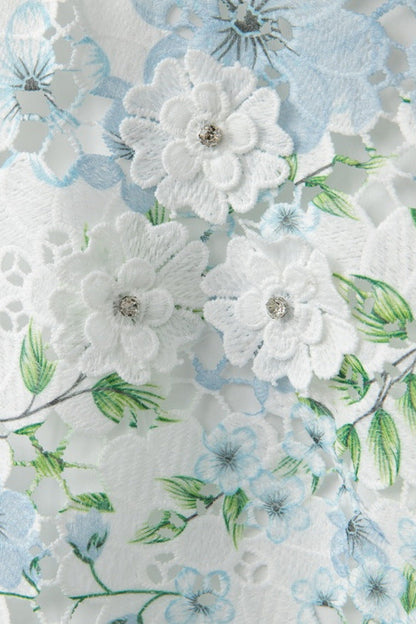 hazel Floral Printed Lace Mini Dress in sky blue