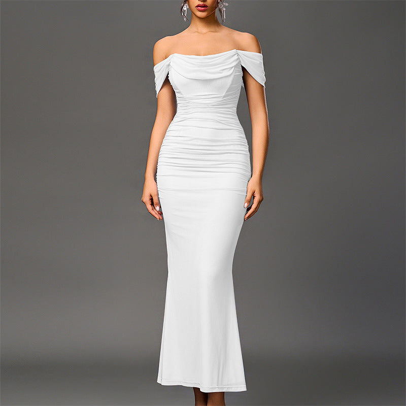 Off Shoulder Draped Cowl Ruched Mesh Mermaid Maxi Dress