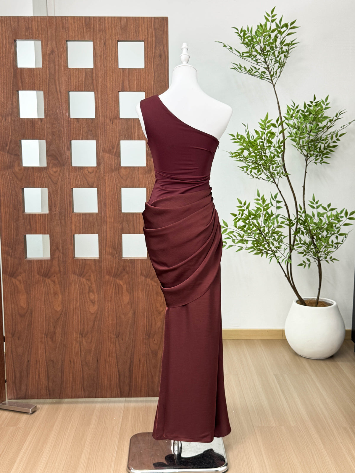 Chocolate Brown One-Shoulder Maxi Dress in Stretch Jersey