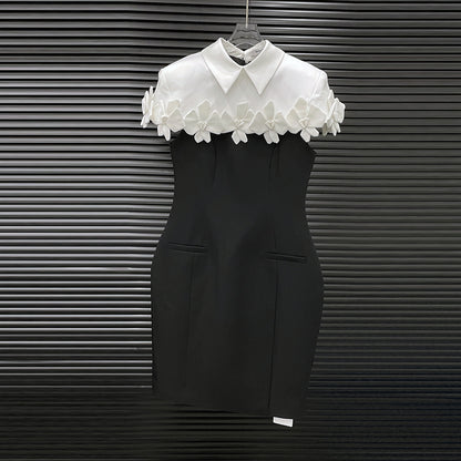 alma Collar Flower Mini Dress In Black
