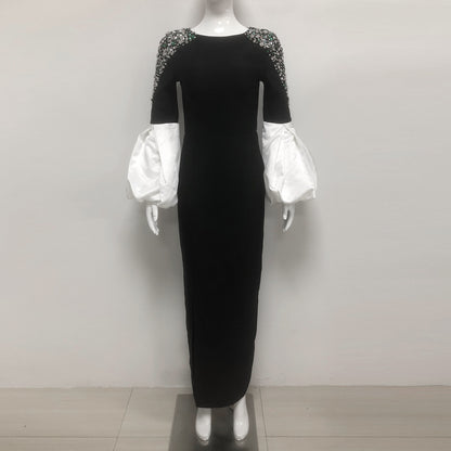 ellen black Long Sleeve Rhinestone Contrast Bandage Maxi Dress