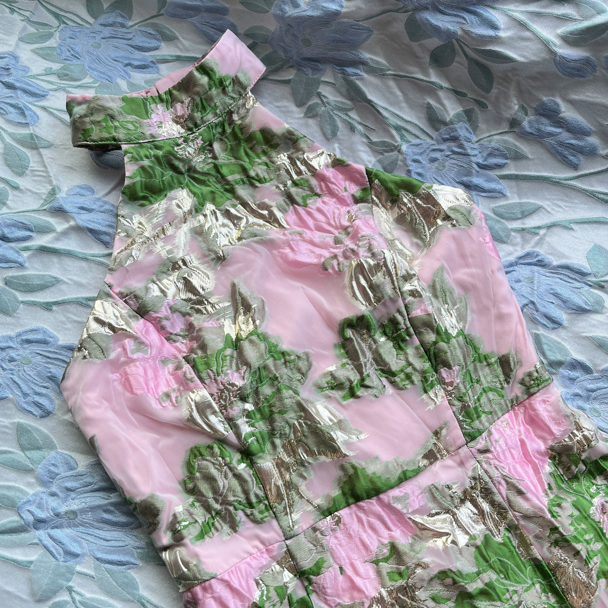 Jacquard Pink Green Floral Open Back Mini Dress
