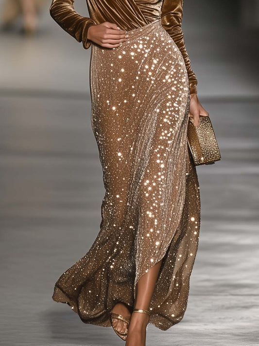 Brown long-sleeved V-neck Maxi evening dress