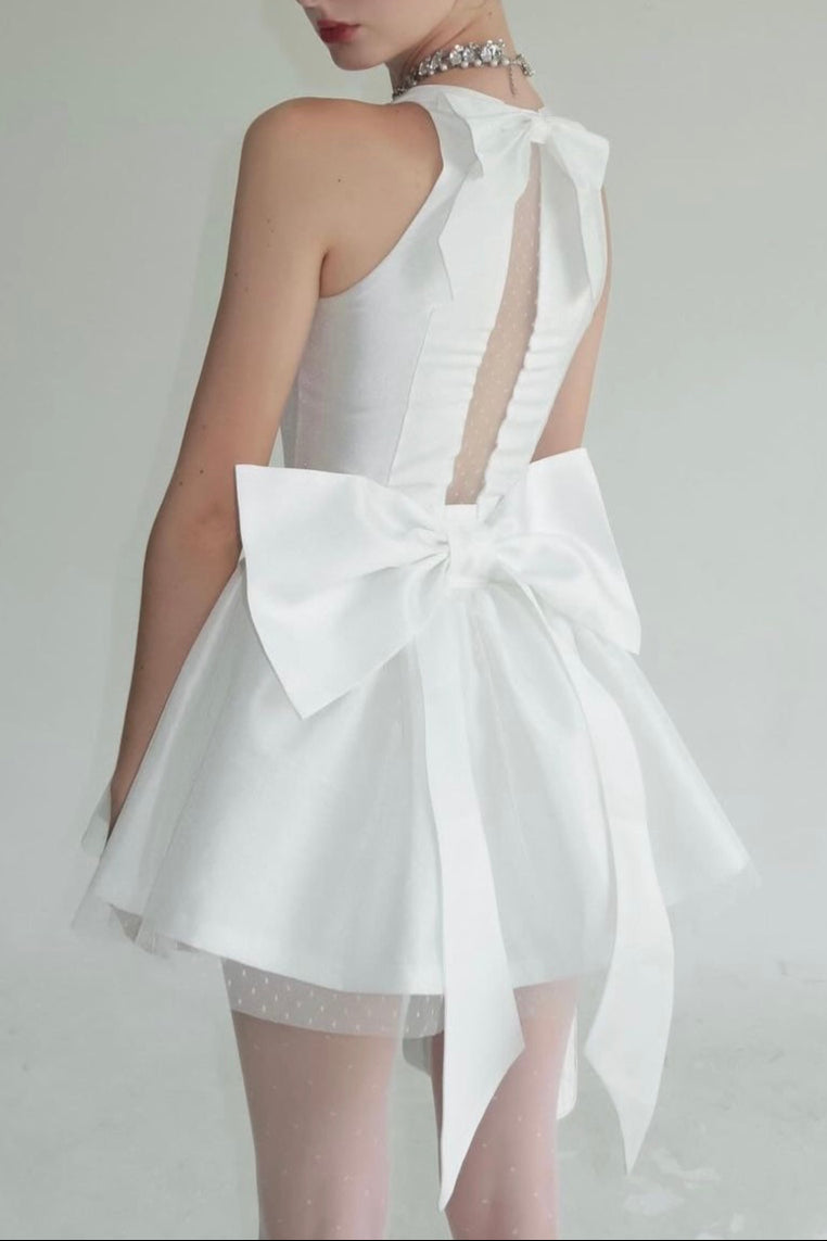 nora off-shoulder Backless lace bow mini dress in white
